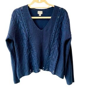 Converse One Star Cable Knit Sweater Pullover V-Neck Blue Size Medium